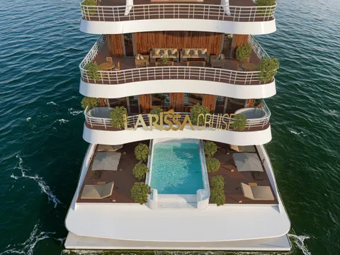 A multi-deck cruise ship stern with a swimming pool on the lowest deck, loungers, wooden furnishings, and 'LARISSA CRUISE' lettering mounted on the third deck railing.