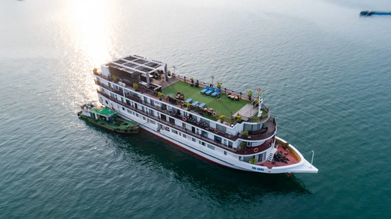 An aerial view of a large multi-deck white cruise ship with a green artificial-turf sun deck and blue loungers, with a small green service boat alongside it on calm green-teal water, with sun glare at upper left.