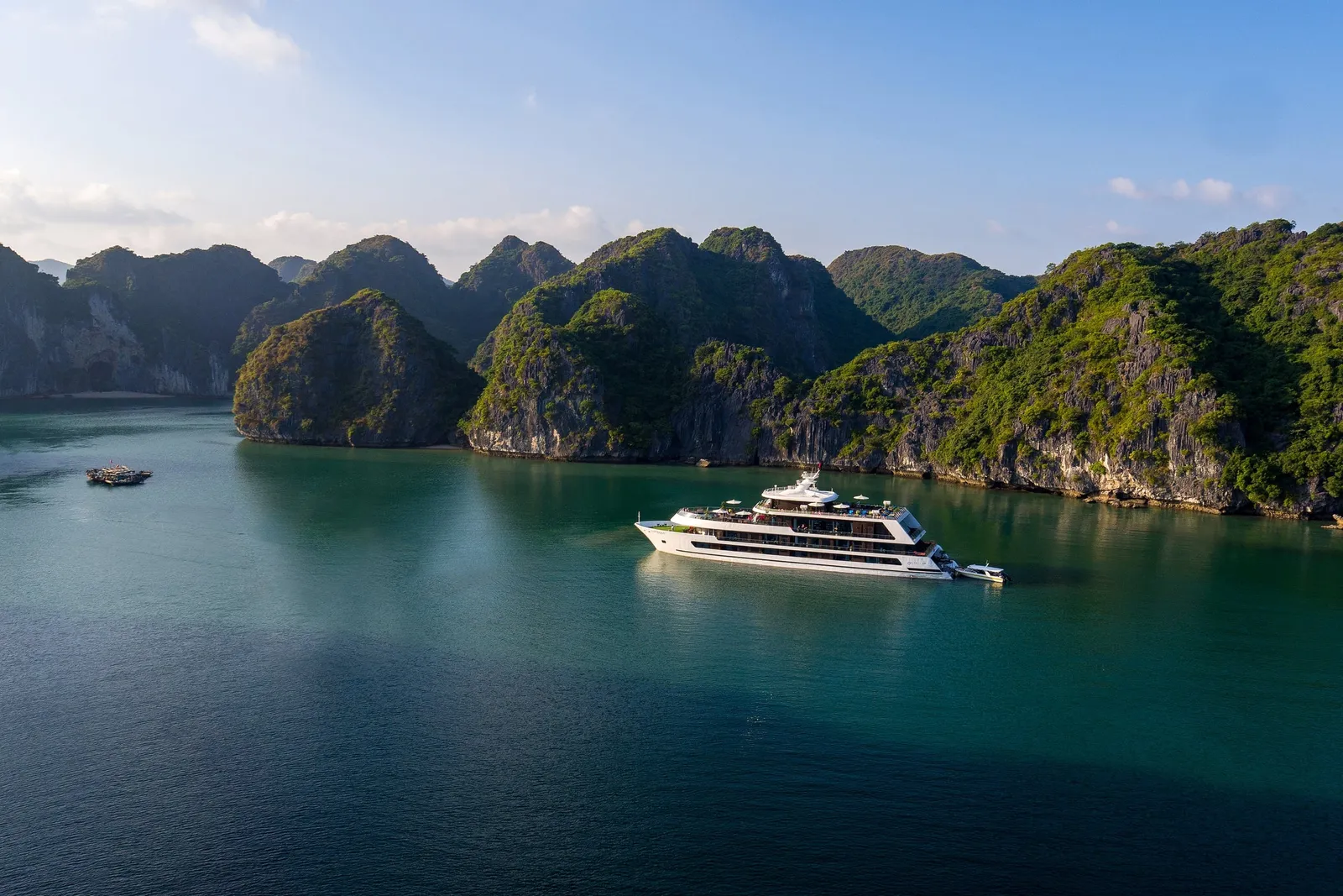 Stellar of the Seas seen from a clifftop, alone on green water in a bowl of karst islands