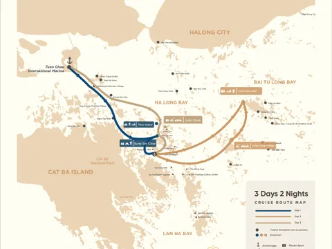 A cruise route map showing a three-day itinerary through Ha Long Bay with marked stops, caves, and the Calista brand logo at the bottom.