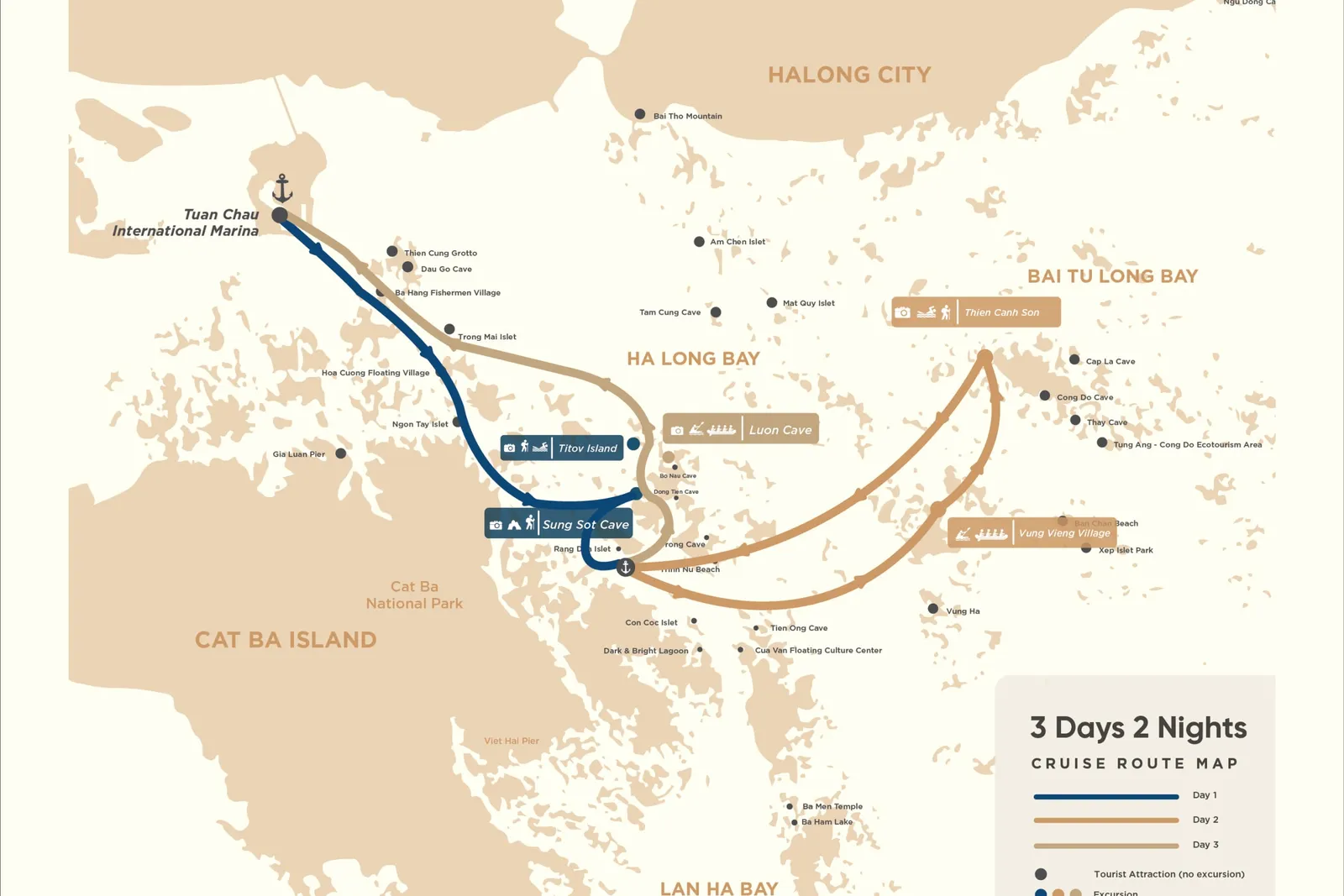 A cruise route map showing a three-day itinerary through Ha Long Bay with marked stops, caves, and the Calista brand logo at the bottom.