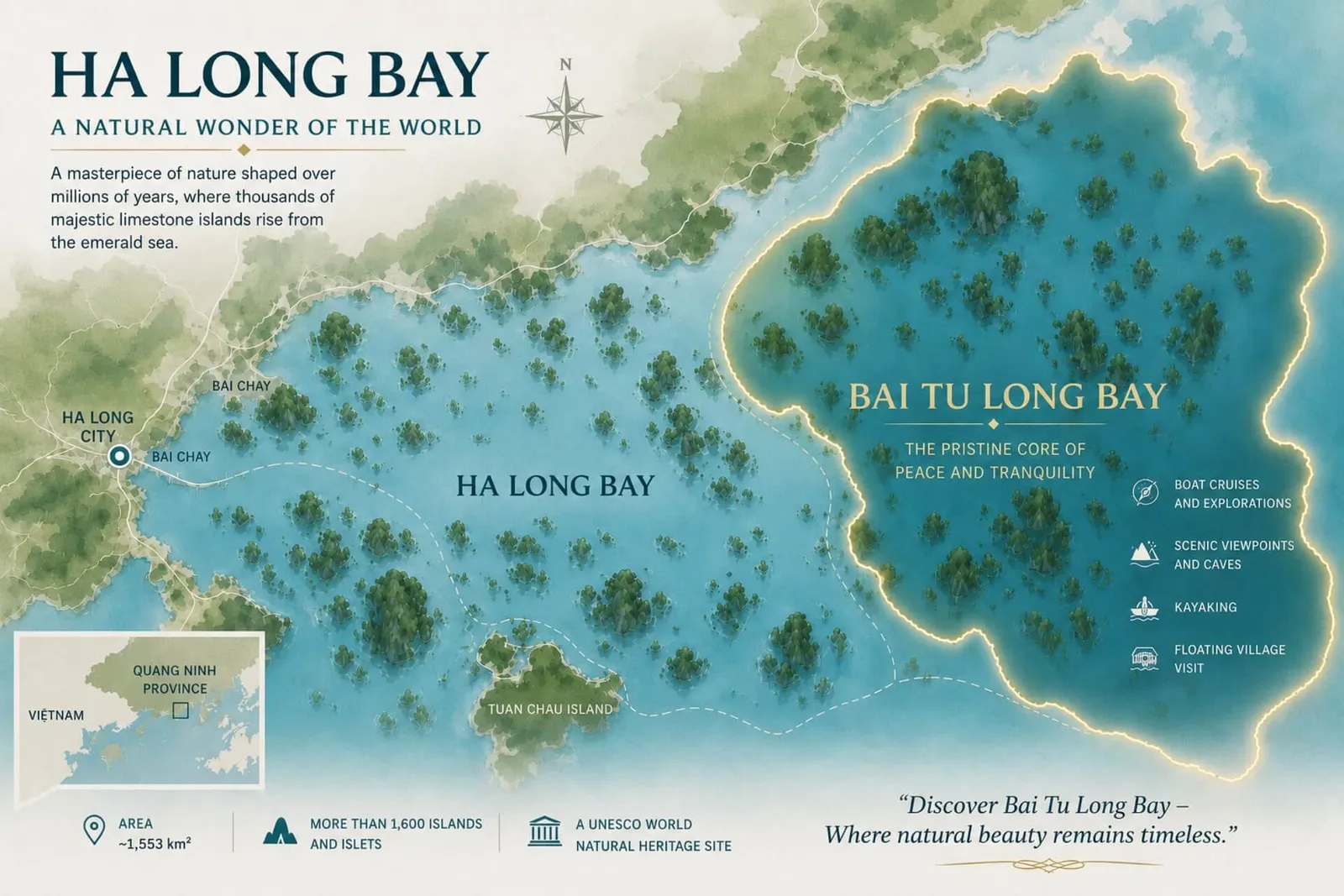 An illustrated map showing Ha Long Bay and Bai Tu Long Bay with limestone islands, navigation routes, and tourism information.