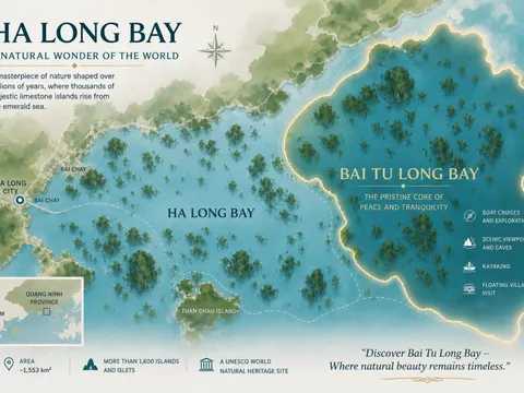An illustrated map showing Ha Long Bay and Bai Tu Long Bay with limestone islands, navigation routes, and tourism information.