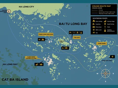 Route map of the three-day itinerary through Bai Tu Long Bay, marking Thien Canh Son cave, Vung Vieng fishing village and Cap La