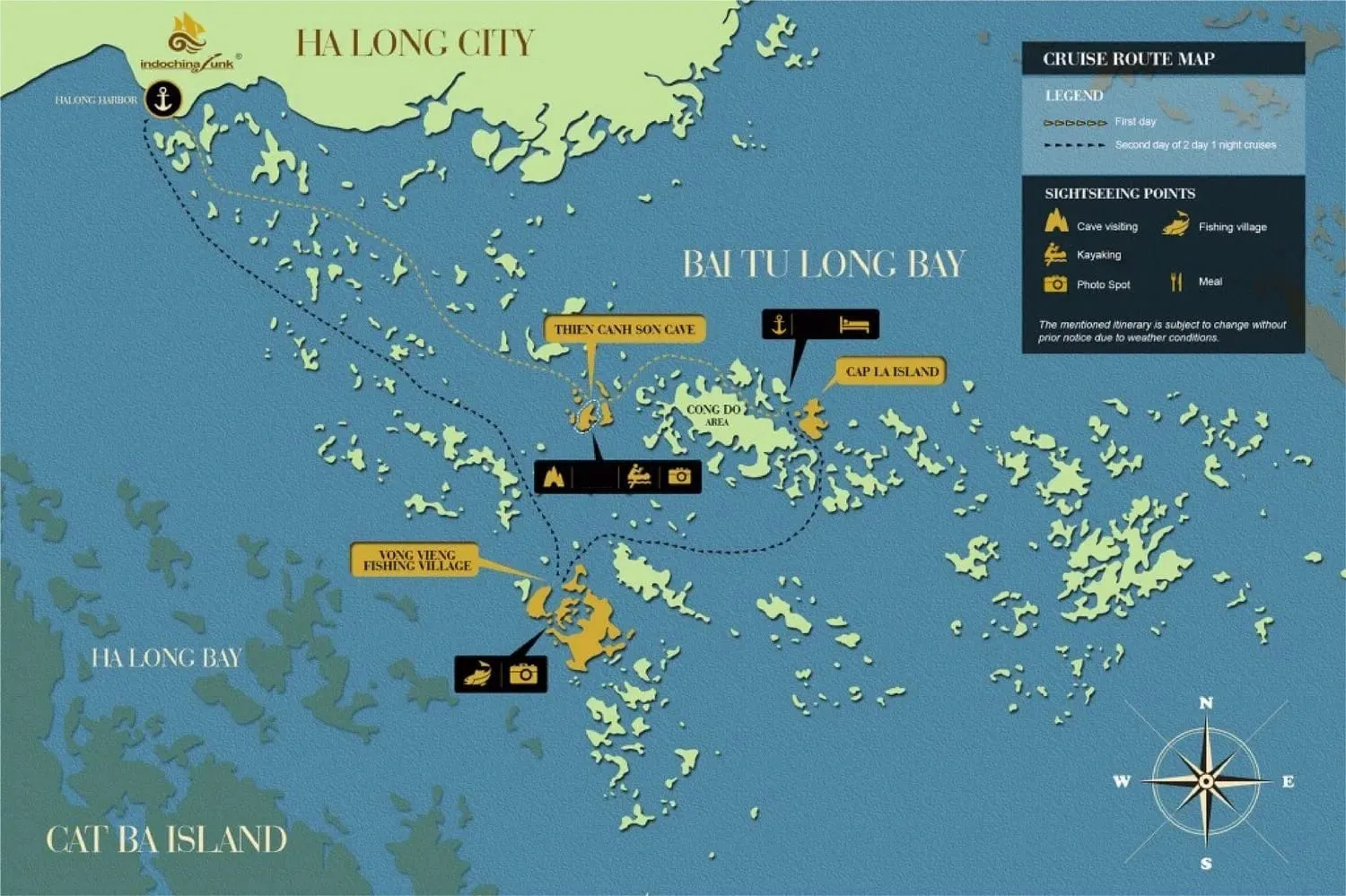 A cruise route map showing Ha Long Bay and Bai Tu Long Bay with labeled islands, dotted route lines, and activity icons indicating sightseeing points like cave visiting, kayaking, fishing village, meals, and photo spots.