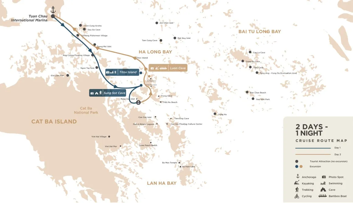 A cruise route map showing a two-day itinerary through Ha Long Bay and Cat Ba Island with marked stops and activities.
