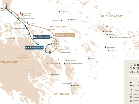 A cruise route map showing a two-day itinerary through Ha Long Bay and Cat Ba Island with marked stops and activities.