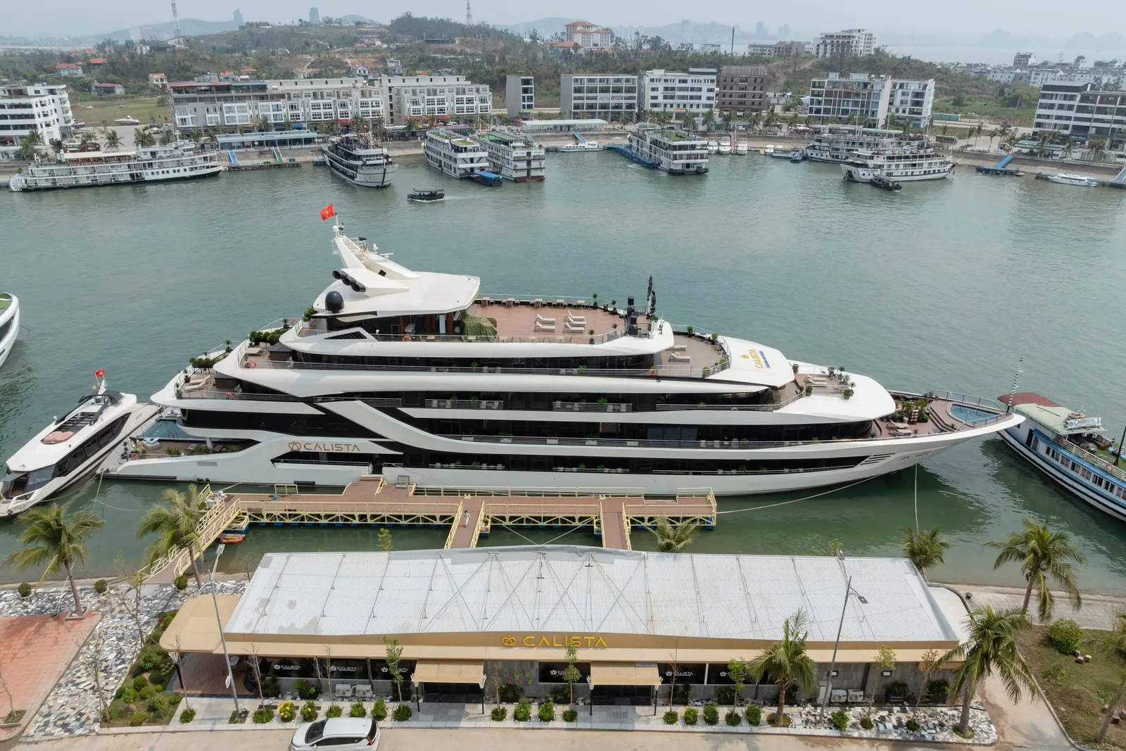 Aerial view of a large white multi-deck cruise ship with 'CALISTA' on its hull moored at a pier beside a 'CALISTA' terminal building, with other cruise boats and waterfront buildings behind.