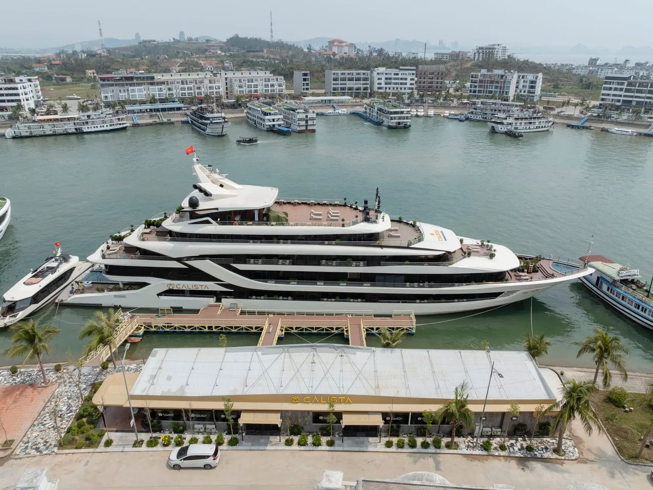 Aerial view of a large white multi-deck cruise ship with 'CALISTA' on its hull moored at a pier beside a 'CALISTA' terminal building, with other cruise boats and waterfront buildings behind.