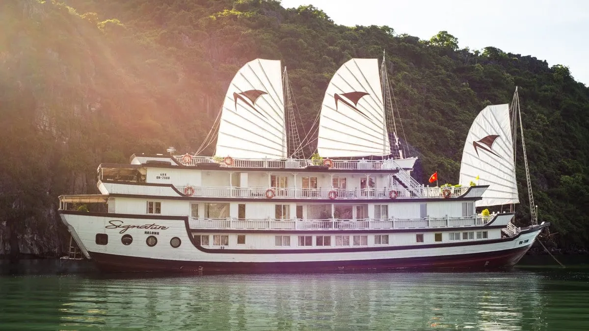 A white multi-deck junk-style cruise boat with three white sails bearing dark logos and 'Signature Halong' painted on the hull, floating on green water in front of a forested limestone karst hillside.