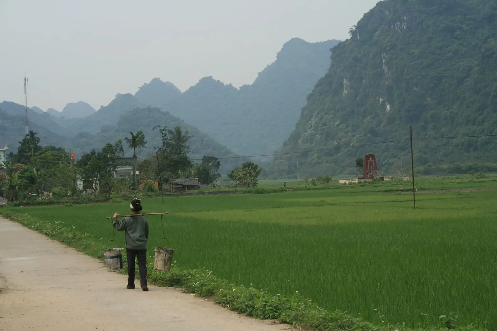 A path between rice fields and forested hills at Viet Hai village, with a villager walking